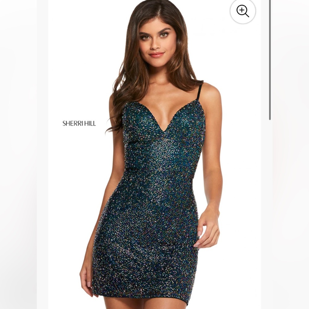 SHERRI HILL beaded green cocktail homecoming mini dress teal jade dark green
